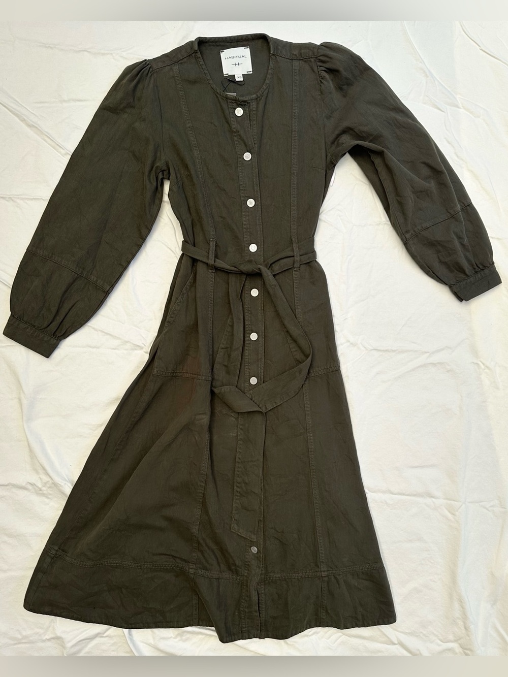 HABITUAL snap closure button down denim army green highland dress sz XS NWT